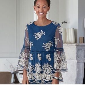 Sundance Fleur In Bloom Lace Overlay Floral Embroidered Bell Sleeve Blouse Large